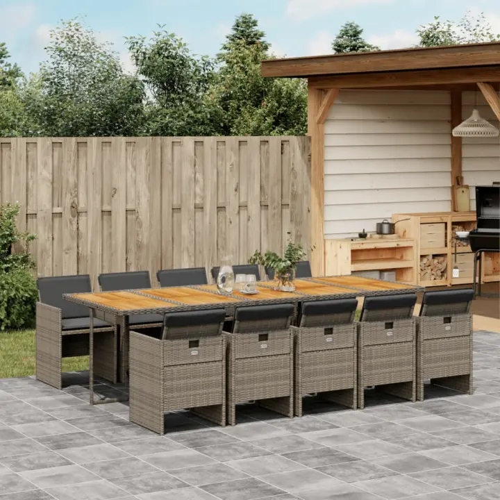 vidaXL Set de comedor de jardín 11 pzas y cojines ratán sintético gris - 1
