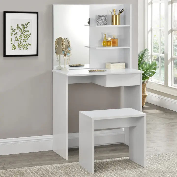 Juego de Tocador - Mesa de maquillaje con Espejo y Taburete MDF 141 x 75 x 39,7 cm - Blanco [en.casa] - 1