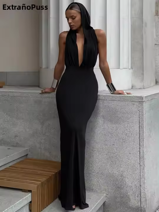Vestido Maxi Sin Mangas De Cuello En V Profundo Con Capucha Para Mujer Estilo Hipster Elegante Trend Summer 2023 Vestido Bodycon De Playa - 1