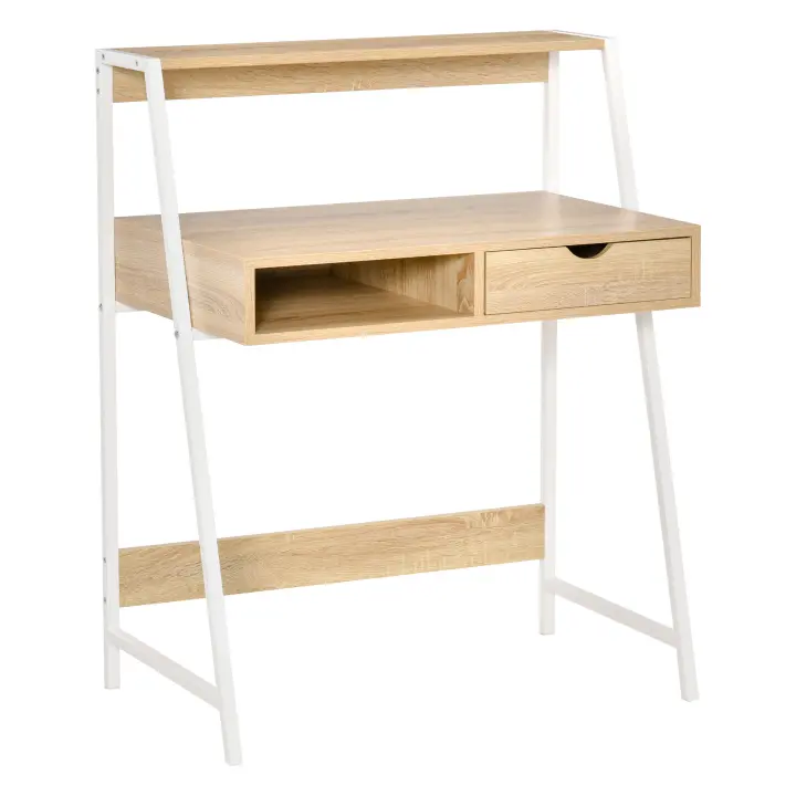HOMCOM Escritorio Escritorio de ordenador Cajón de estilo neo-retro Estante metálico nicho Blanco Aspecto roble claro - 1