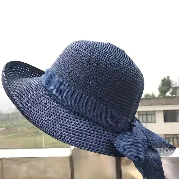 Sombrero De Paja Plegable Con Lazo Vintage Para Mujer Protección Solar Ideal Para Viajes Al Aire Libre Y Playa - 1
