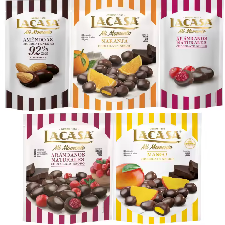 Lacasa Mi Momento pack de 5:Arándano Chocolate Negro ,Almendra 92% ,Arándano Chocolate Negro ,Naranja Chocolate Negro ,Mango Chocolate Negro - 1