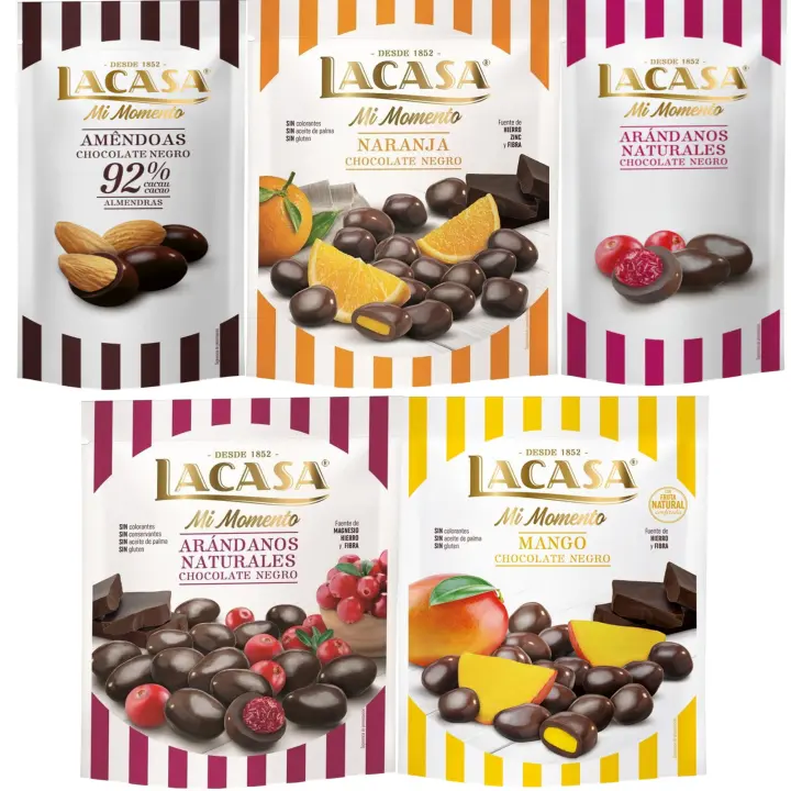 Lacasa Mi Momento pack de 5:Arándano Chocolate Negro ,Almendra 92% ,Arándano Chocolate Negro ,Naranja Chocolate Negro ,Mango Chocolate Negro - 1