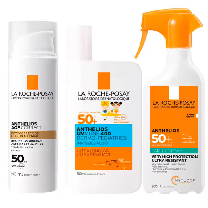 La Roche Posay Anthelios Spf50+ Age Correct 50ml + Dermopediatrics Fluido 50 Ml + Regalo Family Spray Spf50+ 300 ml Rutina - 1