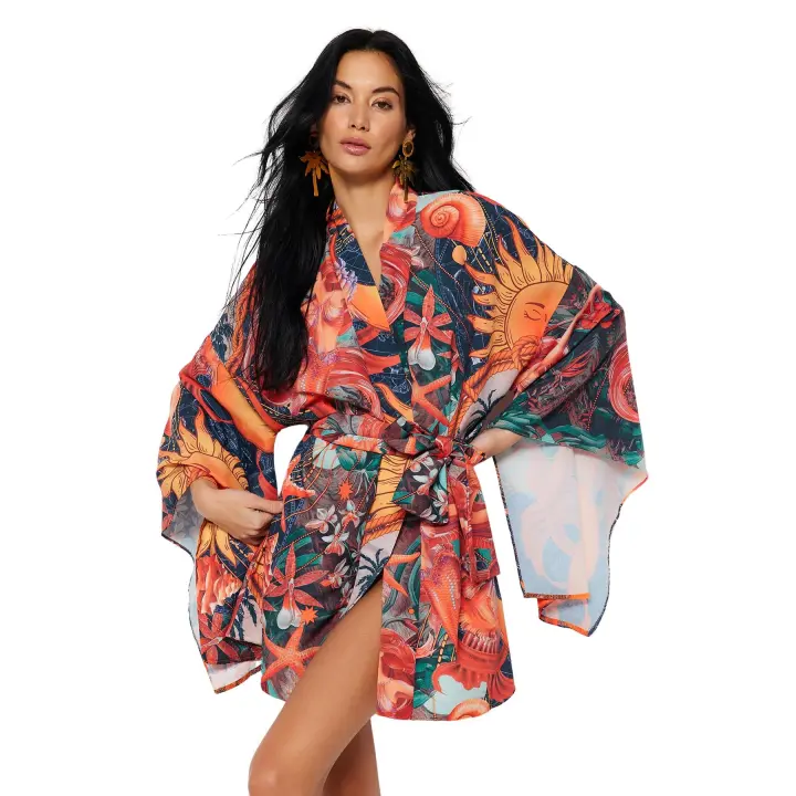 Trendyol Tropical Patterned Belted Flounce Mini Woven Beach Kimono&Caftan Tbess23Km00024 - 1