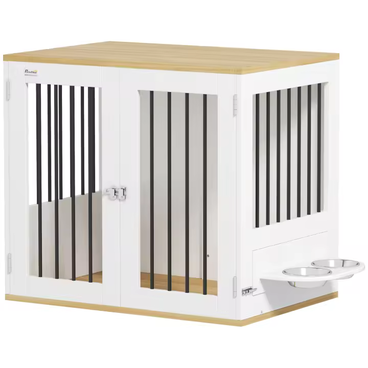 PawHut Jaula para Perros Medianos 2 en 1 Mesa Auxiliar con 2 Puertas con Pestillo Comedero Giratorio de 360° 2 Cuencos y Almohadillas Antideslizantes 80x55x71,5 cm Blanco - 1