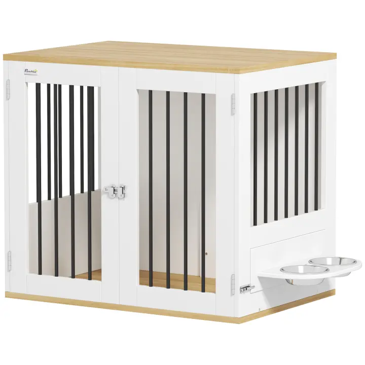 PawHut Jaula para Perros Medianos 2 en 1 Mesa Auxiliar con 2 Puertas con Pestillo Comedero Giratorio de 360° 2 Cuencos y Almohadillas Antideslizantes 80x55x71,5 cm Blanco - 1