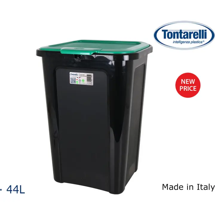 Tontarelli - Cubo Basura Coverline 44L Negro con Tapa Verde - Capacidad Ampliada - Fácil de Limpiar - Diseño Elegante - Resistente a Golpes - 1