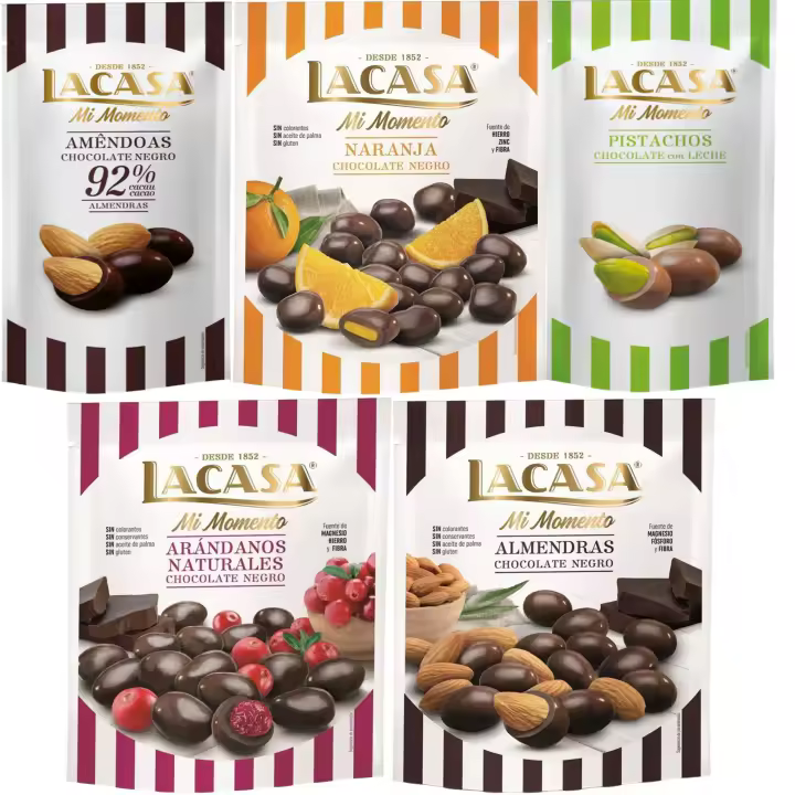 Lacasa Mi Momento pack de 5:Pistacho Chocolate Leche ,Almendra 92% ,Arándano Chocolate Negro ,Almendra Chocolate Negro ,Naranja Chocolate Negro - 1