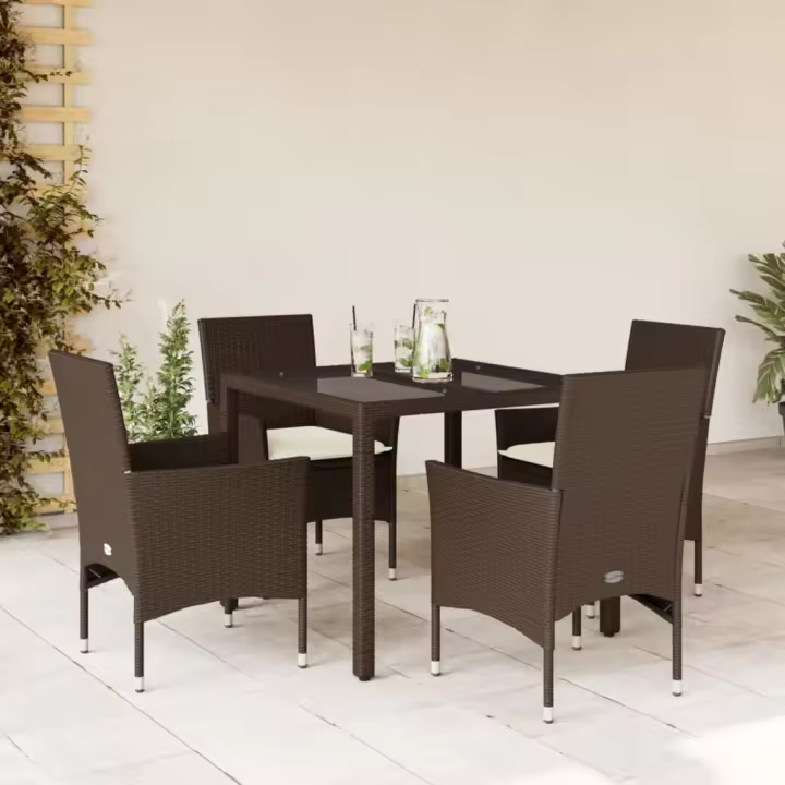 vidaXL Set comedor jardín 5 pzas cojines ratán sintético vidrio marrón - 1