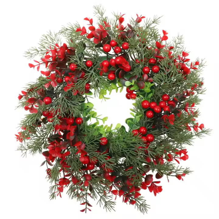 Corona Navideña De Moda Con Bayas Rojas Decoración De Puerta Para Navidad Adorno Para Ventanas Y Paredes Material De Tela De Seda Y PE - 1
