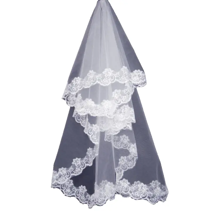 Vela De Boda Corta Con Borde De Encaje Sin Combinación Accesorios De Novia Vestido De Novia 2025 Para Mujer - 1