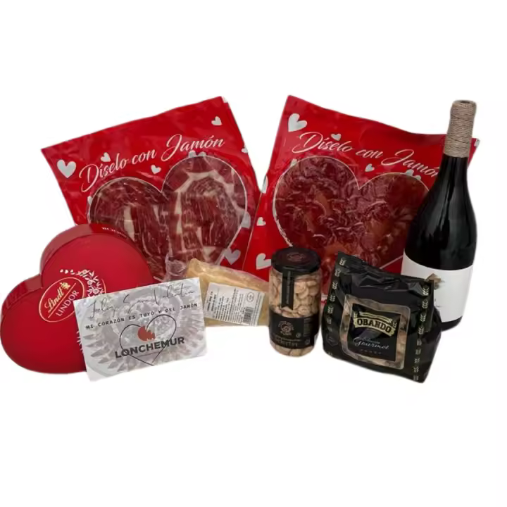 Pack "San Valentín" jamón ibérico + vino + queso + picos + bombones de LONCHEMUR%20LONCHEADOS%20DE%20MURCIA - 1