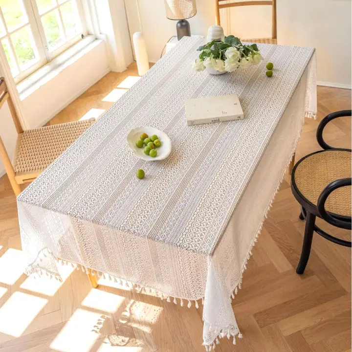 Mantel Japonés Bohemio De Estilo Geométrico En Color Beige Y Negro Con Borlas Para Mesa Rectangular Uso En Hogar Y Fiestas - 1