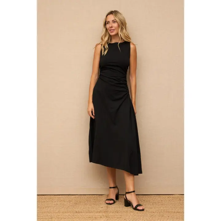 VESTIDO MIDI NEGRO MIMI - Vestido midi, negro, asimétrico, oficina, fruncido, desigual, rayón, chinlón, elastano, moda mujer, otoño, primavera, invierno - 1