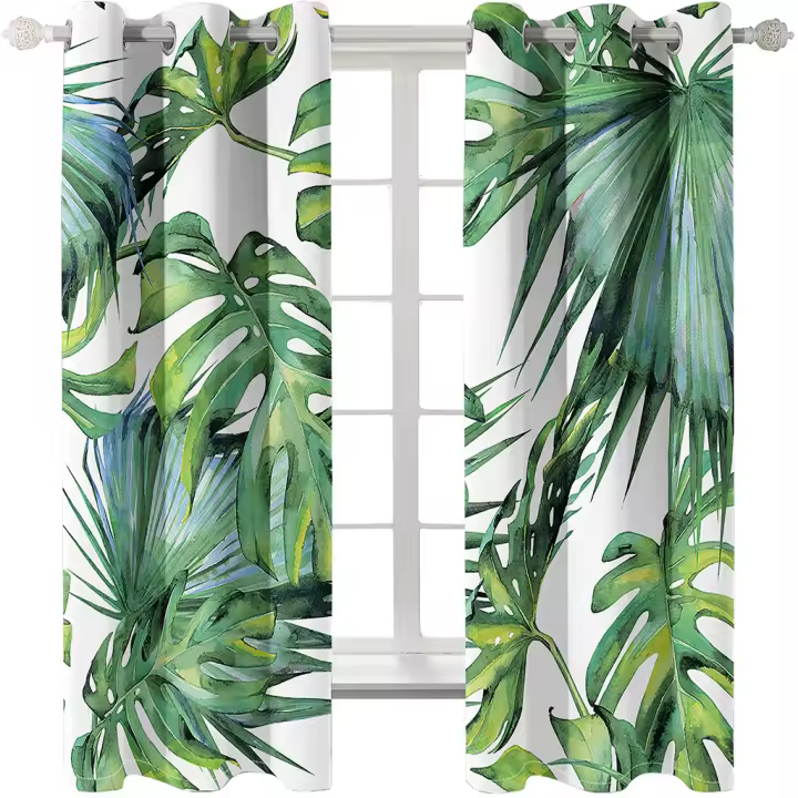 Cortina De Ventana De Hojas De Palma 2 Paneles Patrón De Plantas Tropicales Verdes Y Blancas Para Dormitorio Sala De Estar Cocina Decoración Del Hogar - 1