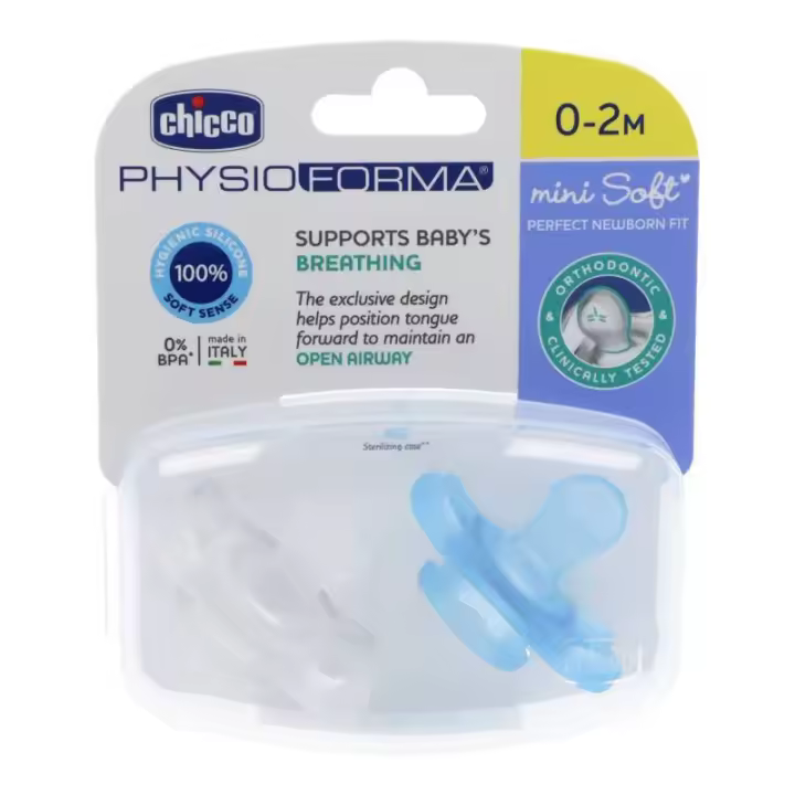 Chicco PhysioForma - Chupete de Silicona - Apoyan la Respiración Fisiológica y Favorecen el Desarrollo Correcto de la Boca del Bebé - Pack 2 Piezas, transparente blanco y Azul - Edad recomendada 0 - 2 meses - 1