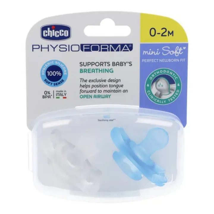 Chicco PhysioForma - Chupete de Silicona - Apoyan la Respiración Fisiológica y Favorecen el Desarrollo Correcto de la Boca del Bebé - Pack 2 Piezas, transparente blanco y Azul - Edad recomendada 0 - 2 meses - 1