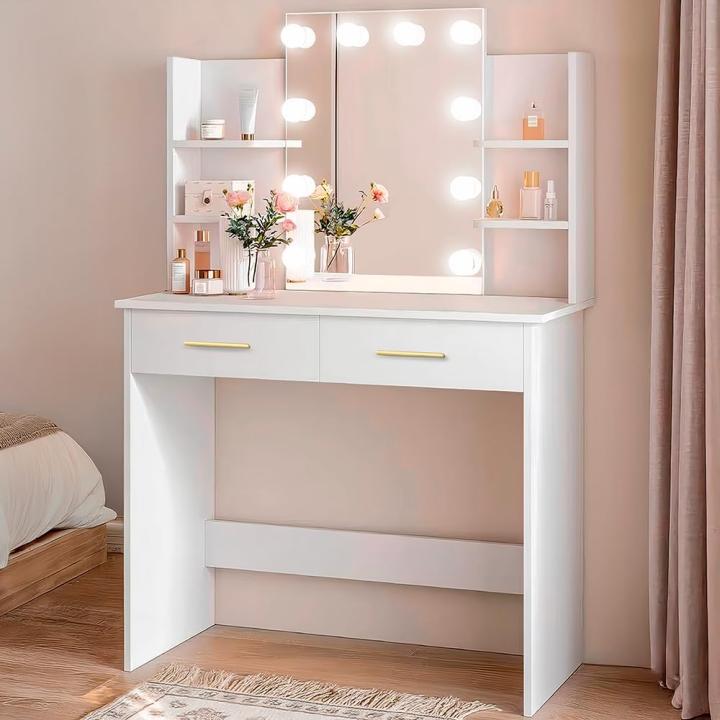 Tocador de Maquillaje con Luz LED Regulable, Mueble con Espejo y 10 Bombillas LED, Escritorio de Maquillaje con 2 Cajones y 6 Compartimentos, Montaje Fácil