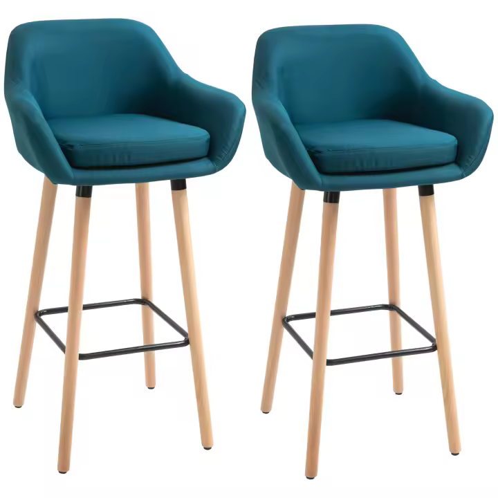 Taburetes de bar de diseño escandinavo HOMCOM - Juego de 2 taburetes de bar confort con reposapiés y reposabrazos - Madera maciza Lino azul - 1