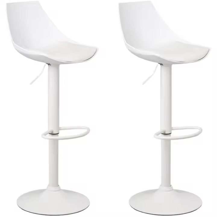 Set de 2 Taburetes Altos Cocina Giratorios en 360°, Juego de Sillas de Bar Regulables en Altura de 83 a 104 cm, con Respaldo,Material Polipiel, Estructura Metal Blanca y Reposapiés, Blancos - 1