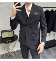 Traje De Negocios Slim Fit Doble Botón De Color Sólido Dos Piezas Coreano Elegante Para Hombres Con Pantalones Talla S-7XL - details 7