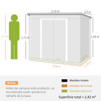 Outsunny Caseta de Jardín Exterior 2,4 m², 213x130x172 cm, Cobertizo de Jardín Exterior Metálico con Puerta Corredera, Techo Inclinado, Base Refuerzo (Suelo NO Incluido) y 2 Ventanas, Gris Oscuro - details 2