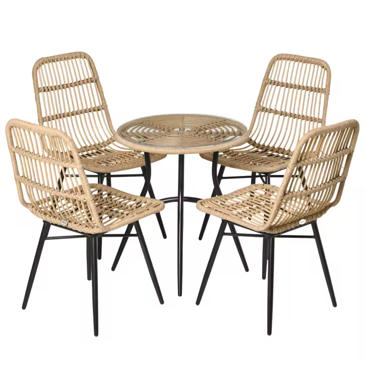 Outsunny 5 uds. Conjunto de muebles de jardín de poliratán, grupo de comedor, mesa de comedor con 4 sillas, grupo de asientos de jardín con mesa auxiliar, conjunto de jardín para exterior, metal natural - 1