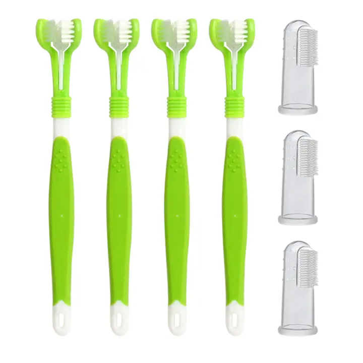 Cepillo de dientes de goma para mascotas, paquete de 4 cepillos de dientes de Triple cabeza, cepillos de dientes de goma para dedos, cepillos de limpieza Dental multiángulo - 1