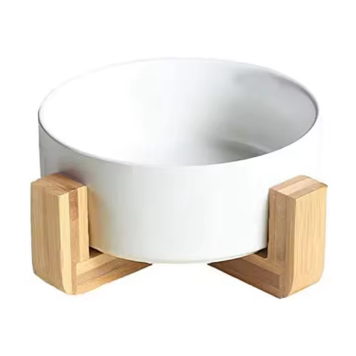 Cuenco Redondo de Cerámica para Perros y Gatos con Soporte de Madera Duradero para Alimento y Agua Juego de Tazón con Soporte para Mascotas - 1