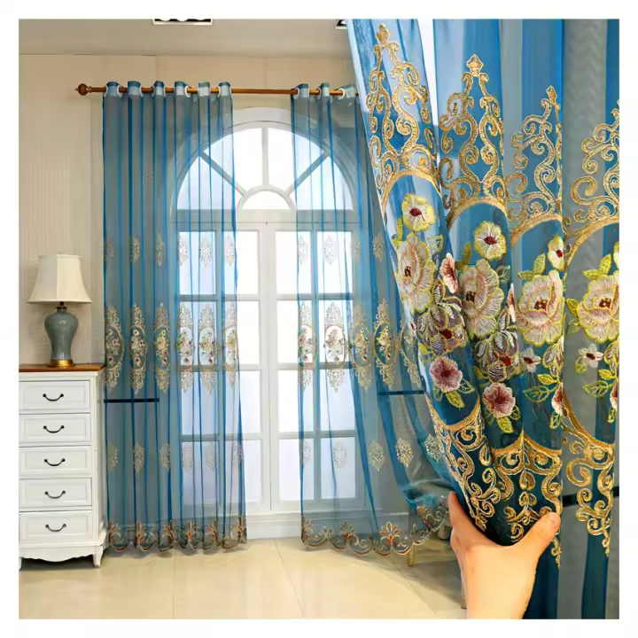 Cortina De Puerta Para Dormitorio Y Sala De Estar Bordada Hasta El Piso Ventana Bay Window Translúcida De Poliéster 100% - 1