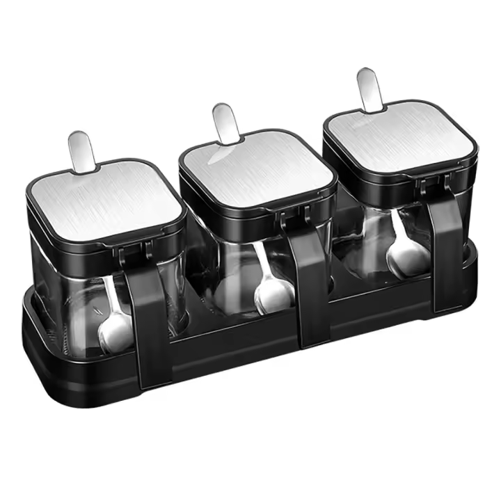 Juego de tarros de almacenamiento de vidrio, contenedores de especias con tapas de acero inoxidable y cucharas para servir azúcar, sal, café y té - 1
