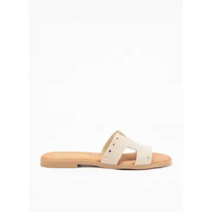 Sandalia Plana de Piel para Mujer de Color Beige - 1