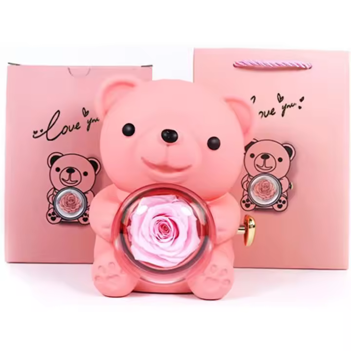 Acrylic Keepsake Box Floral Gift Set Preserved Rose Hug Bear with Handbag Eternal Flower Rotating Jewelry Holder for Women Valentine's Day Red 1 Set - 1