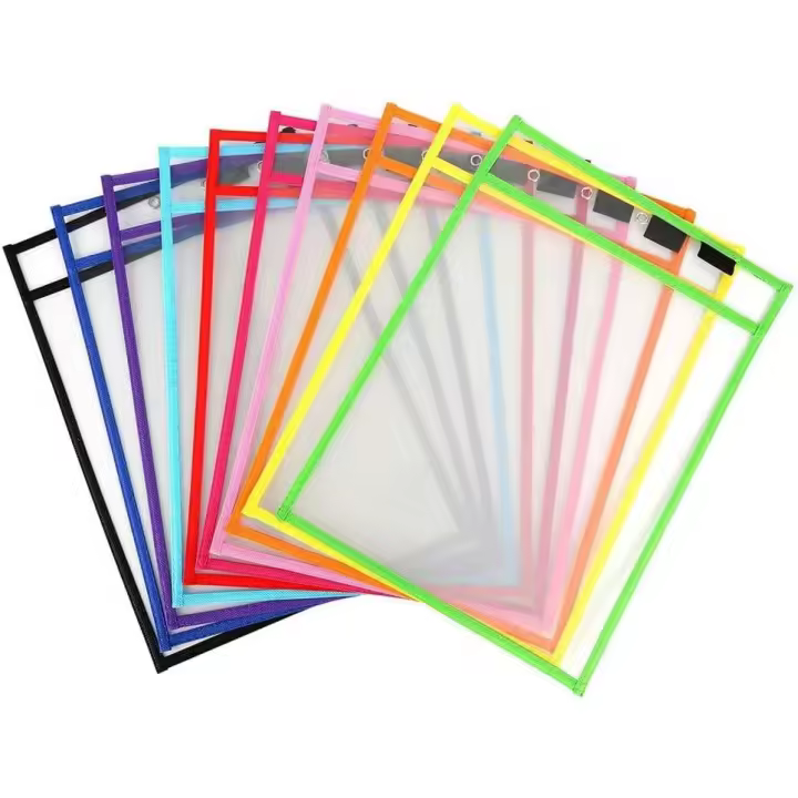Escribir y Limpiar Bolsillos,10 Pack Reutilizables Bolsillos de Borrado en Seco Colores Dry Erase Pocket de Plástico Fundas Fichas de Papel para Organización Aula Docencia Oficina Educación - 1