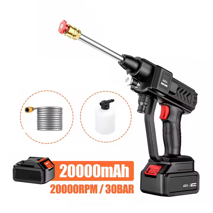 Portátil 21V Pistola de agua para el lavado de coches 700W de alta potencia 30Bar de alta presión Boquilla doble + pulverizador de espuma Pistola de agua inalámbrica multifunción de alta presión para el lavado de coches - 1