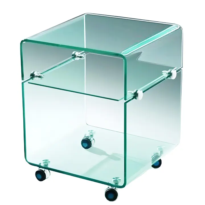 Mesa Auxiliar De Cristal Curvado con Estante Y Ruedas- 40 x 40 cm - DECOLUNAHOME - 1