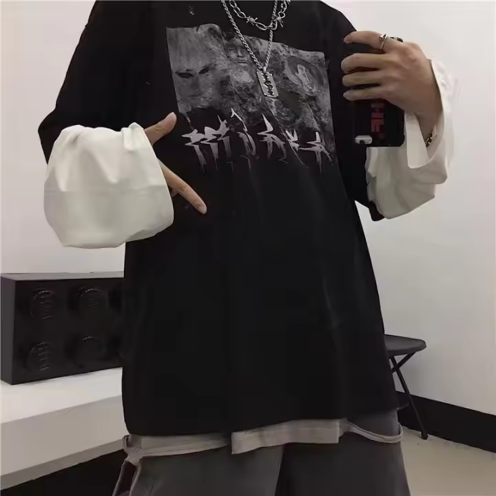 Camiseta Oversized Y2K Emo Para Hombre Verano Estilo Coreano Harajuku Streetwear Dark Academia Hip Hop Alt Con Mangas Largas - 1
