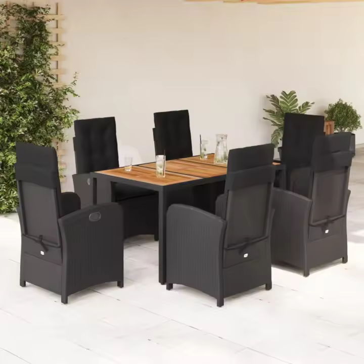 vidaXL Set de comedor de jardín 7 pzas y cojines ratán sintético negro - 1