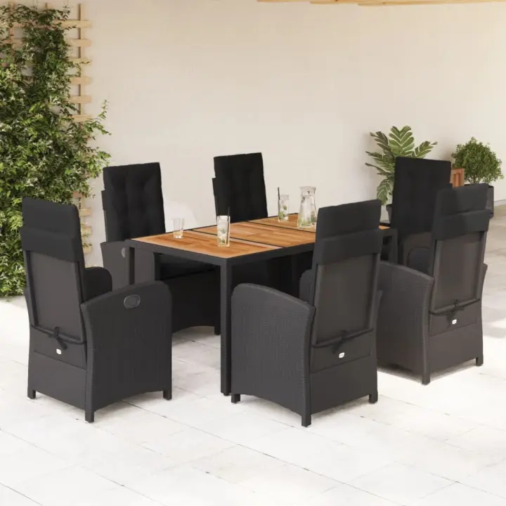 vidaXL Set de comedor de jardín 7 pzas y cojines ratán sintético negro - 1