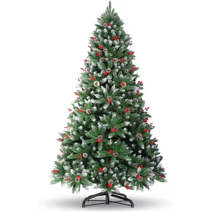 ARBOL DE NAVIDAD SILVESTRE FRONTOSO, 120cm, 150cm, 180cm, 210cm, 240CM, árbol de Navidad Verde Abeto, Árbol de Navidad Artificial, Verde PVC Árboles Decoración Navideña, con Efecto Nieve y piñas, Soporte de Maderal (con Efecto Nieve y piñas) - 1