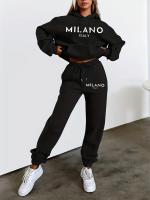 Conjunto De Sudadera Con Capucha Y Pantalones Para Mujer MILANO Estampado De Letras Moda Hip Hop Casual 2pcs Adecuado Para Exterior - details 0