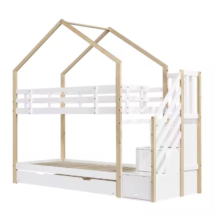 Litera, Cama en Casita de árbol extraible, Cama Corredera, Escalera with 4 cajones, Cama Infantil with Protección Contra Caídas y barandillas para Cuna, somier, natural + Blanco (90x200cm y 90x190cm) - 1