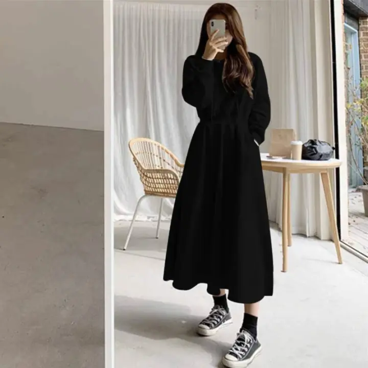 Vestido Largo De Algodón Con Capucha Casual Para Mujer Otoño Invierno Manga Larga Pullover Sólido Con Aros A-Lineado Hasta El Suelo - 1