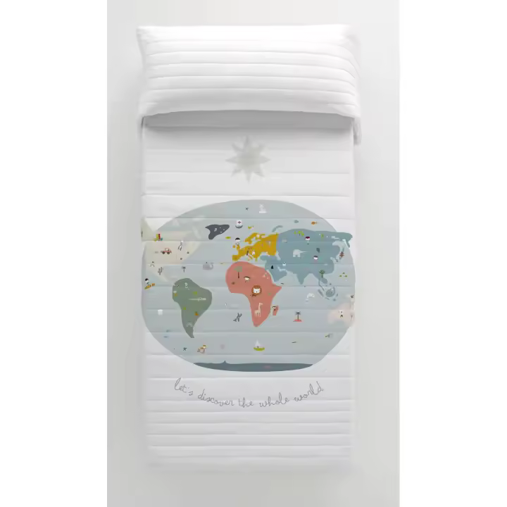 COLCHA BOUTI REVERSIBLE INFANTIL 100% ALGODÓN MAPA MUNDI HACIENDO EL INDIO FABRICADO EN ESPAÑA - 1