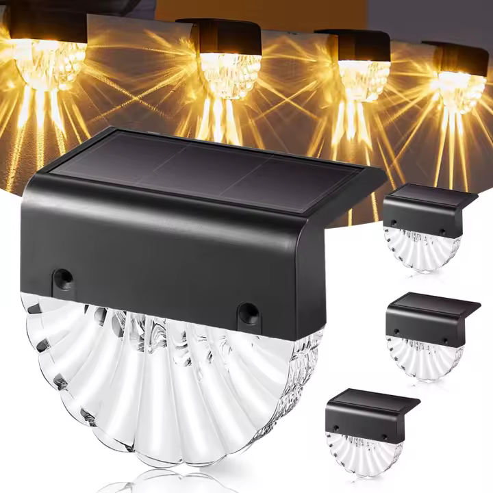 Luces solares para cercas, paquete de 4, luces solares para terrazas al aire libre, impermeables, utilizadas para cercas, terrazas, escaleras, decoraciones de jardín (blanco cálido/color) - 1