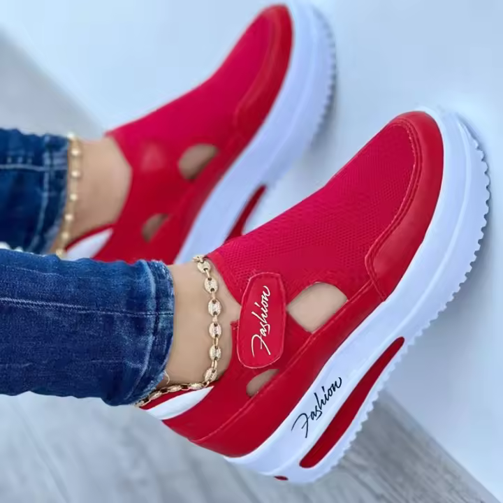 Zapatillas De Tenis Para Mujer En Rojo Y Azul De Marca Diseñadora Calidad Superior Zapatillas Deportivas Casuales Plataforma Con Agujeros En Tela De Malla Para Damas - 1