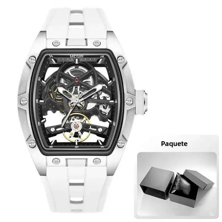 Reloj Mecánico Para Hombre MEGIR Con Carcasa De Acero Inoxidable Y Correa De Silicona Dial Skeleton Resistente Al Agua Deportivo - 1