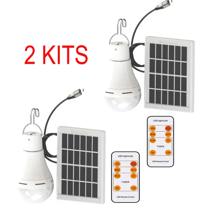 2 KITS de Bombillas Solares LED 12W Recargables por Placa Solar USB con Mando a distancia Certificación CE para campo, casa, jardín, senderismo, tienda de campaña, autocaravana, caravaning, caravana, camping Bombilla panel placa energía sol - 1