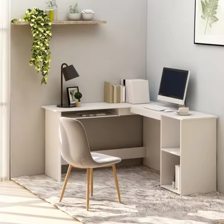 vidaXL Escritorio forma de L madera contrachapada 120x140x75 cm en color Blanco/Blanco brillante/Gris hormigón y más | estructura resistente ideal para salón dormitorio o estudio - 1